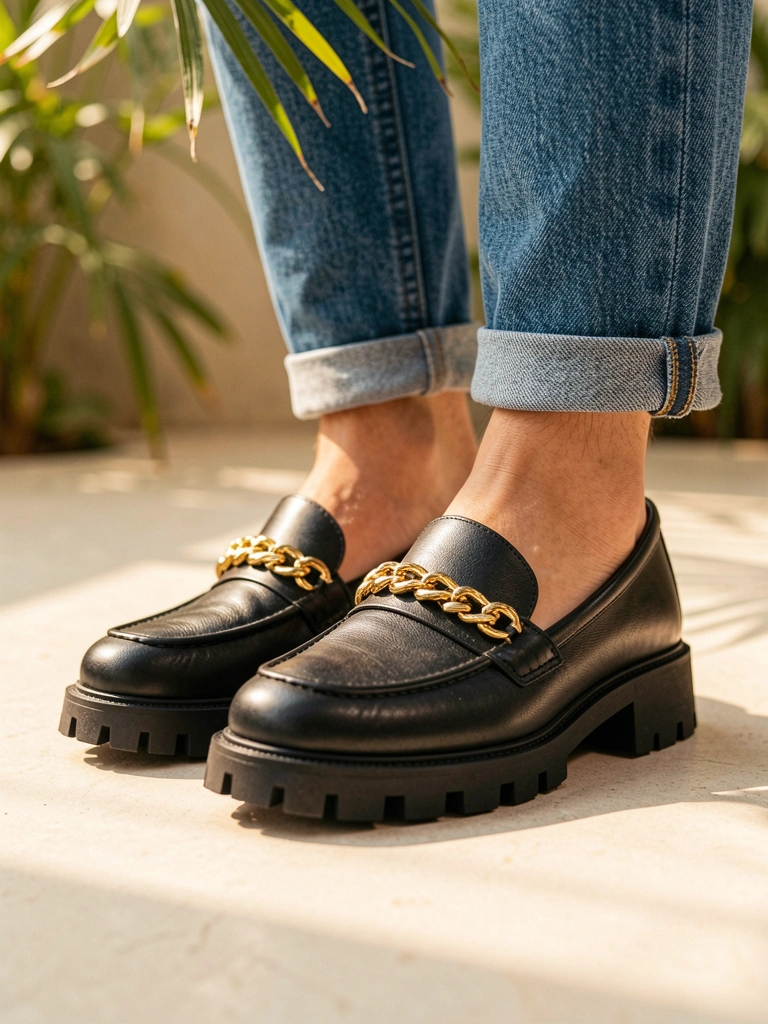 Sapatos pretos com sola tratorada e corrente dourada sobre piso claro, barra de jeans azul dobrada, luz natural e folhagem desfocada ao fundo.