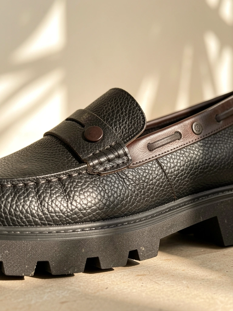 Sapato mocassim preto de couro texturizado, costuras aparentes e solado grosso de borracha, com detalhe de botão circular marrom, iluminado por luz natural suave.