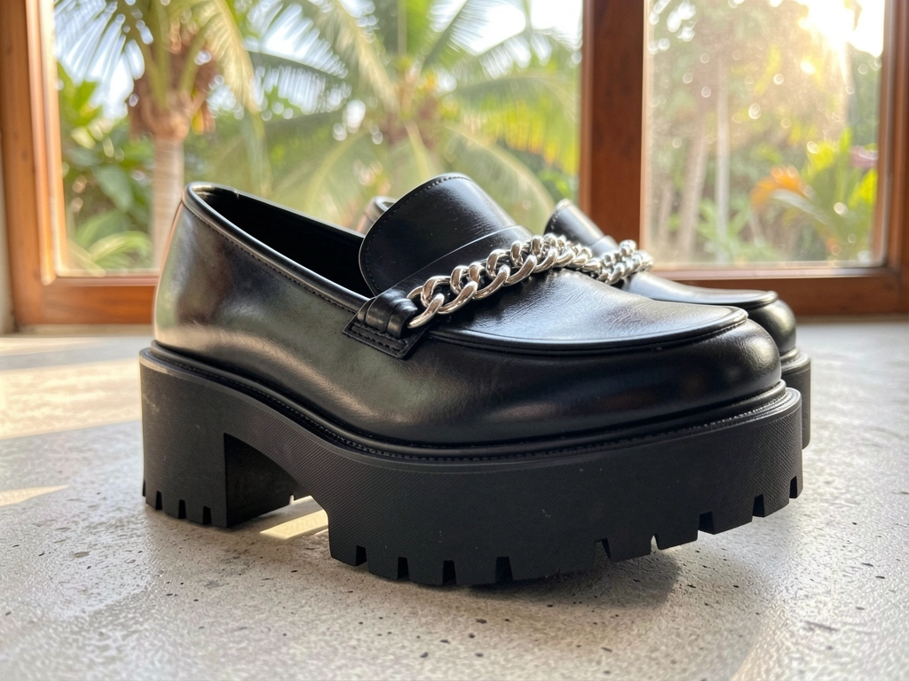 Sapatos pretos de couro liso com sola grossa e corrente prateada entrelaçada no peito do pé, sobre piso de concreto cinza claro, luz natural entrando por janela com folhagem desfocada ao fundo.