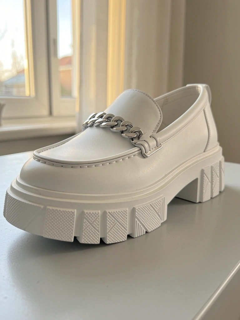 Sapato loafer branco com sola grossa texturizada e corrente prateada, sobre superfície cinza clara com luz natural difusa ao fundo.