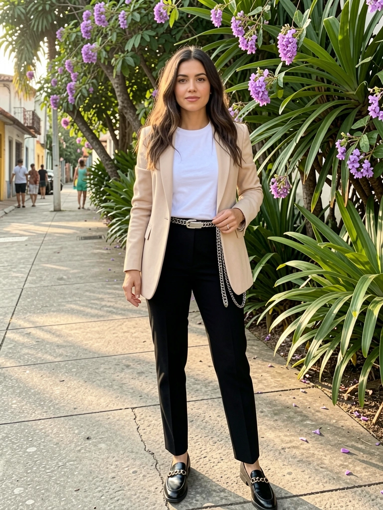 Mulher de blazer bege, calça preta e sapatos de corrente, segurando cinto prateado, com folhagens e flores roxas ao fundo sob luz natural.
