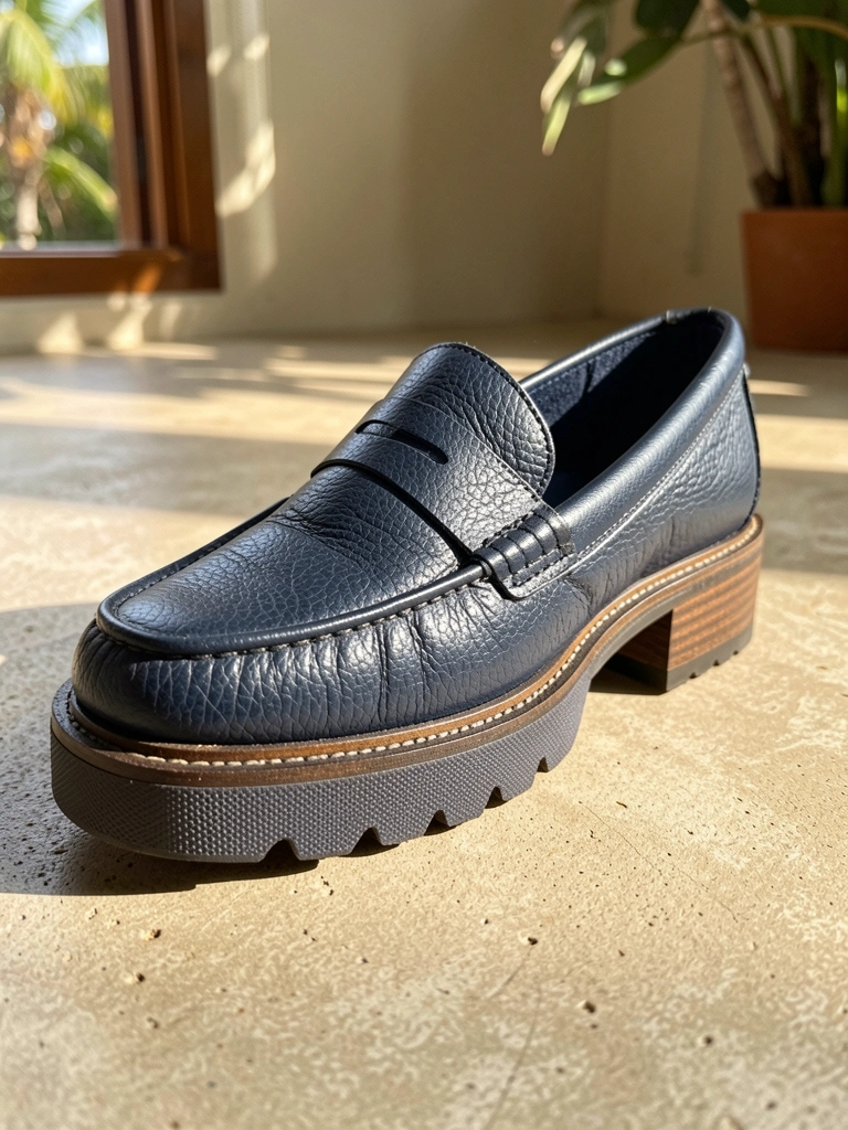 Mocassim azul-marinho de couro com sola de borracha texturizada e salto de madeira empilhado, sobre piso de concreto claro na luz natural.