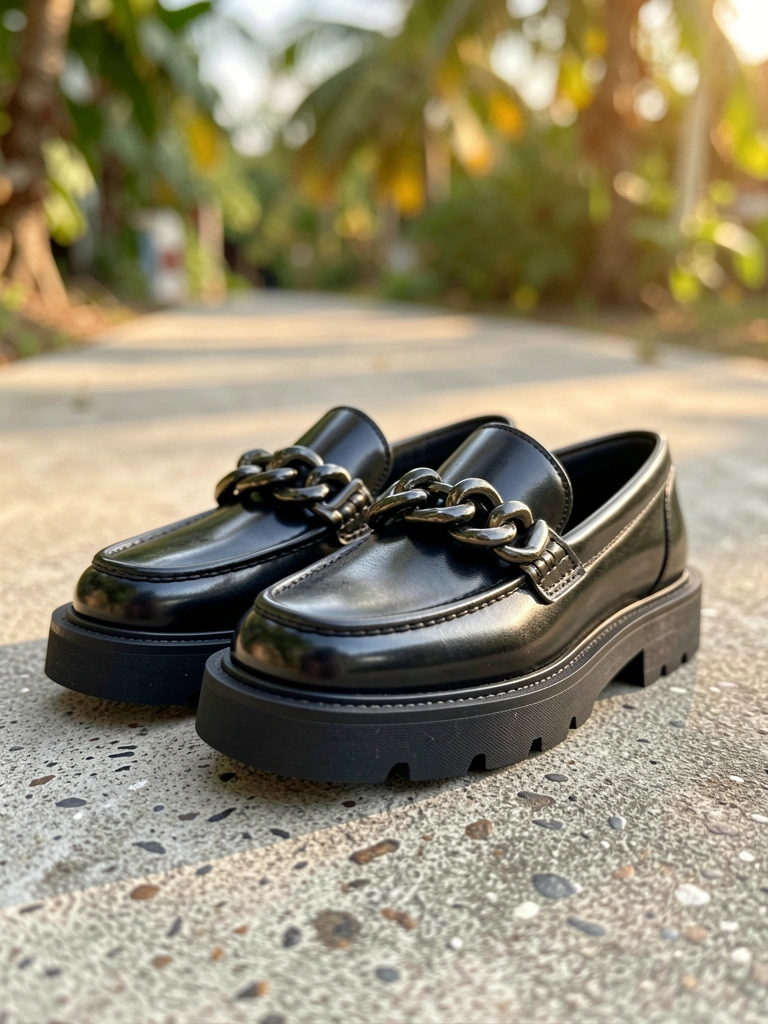 Sapatos loafers de couro preto com detalhe de corrente e sola grossa sobre calçada de concreto texturizada, luz natural suave ao fundo.