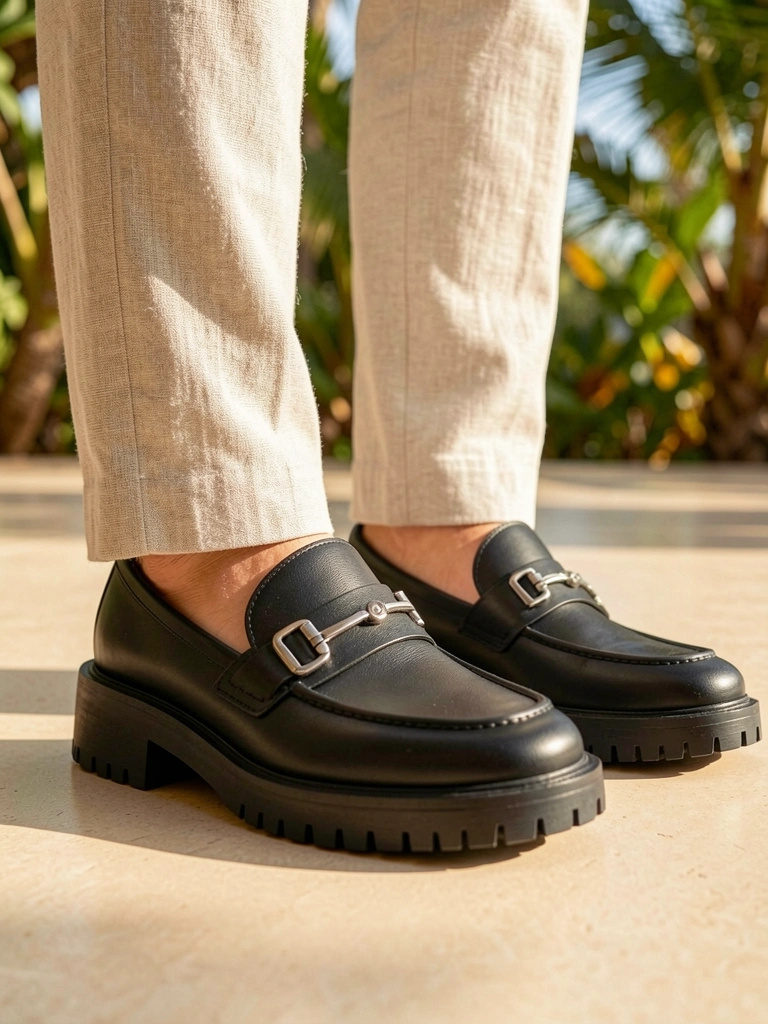 Sapatos pretos de couro com fivela prateada sobre calça de linho bege, luz natural do dia.