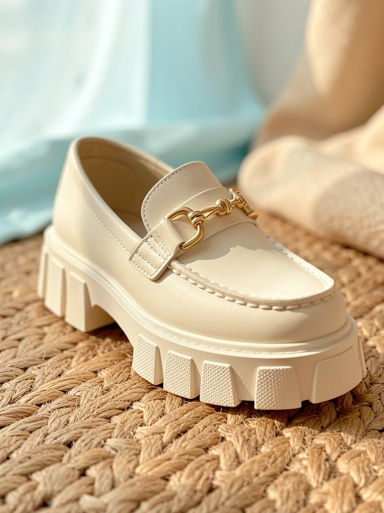 Mocassim branco cremoso com solado texturizado e fivela dourada sobre tapete de juta, luz natural e fundo pastel.
