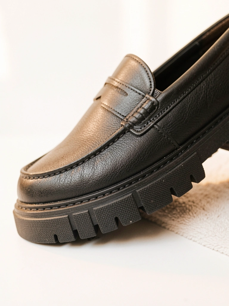 Mocassim preto de couro com sola texturizada em borracha, costura aparente, luz difusa e fundo branco.