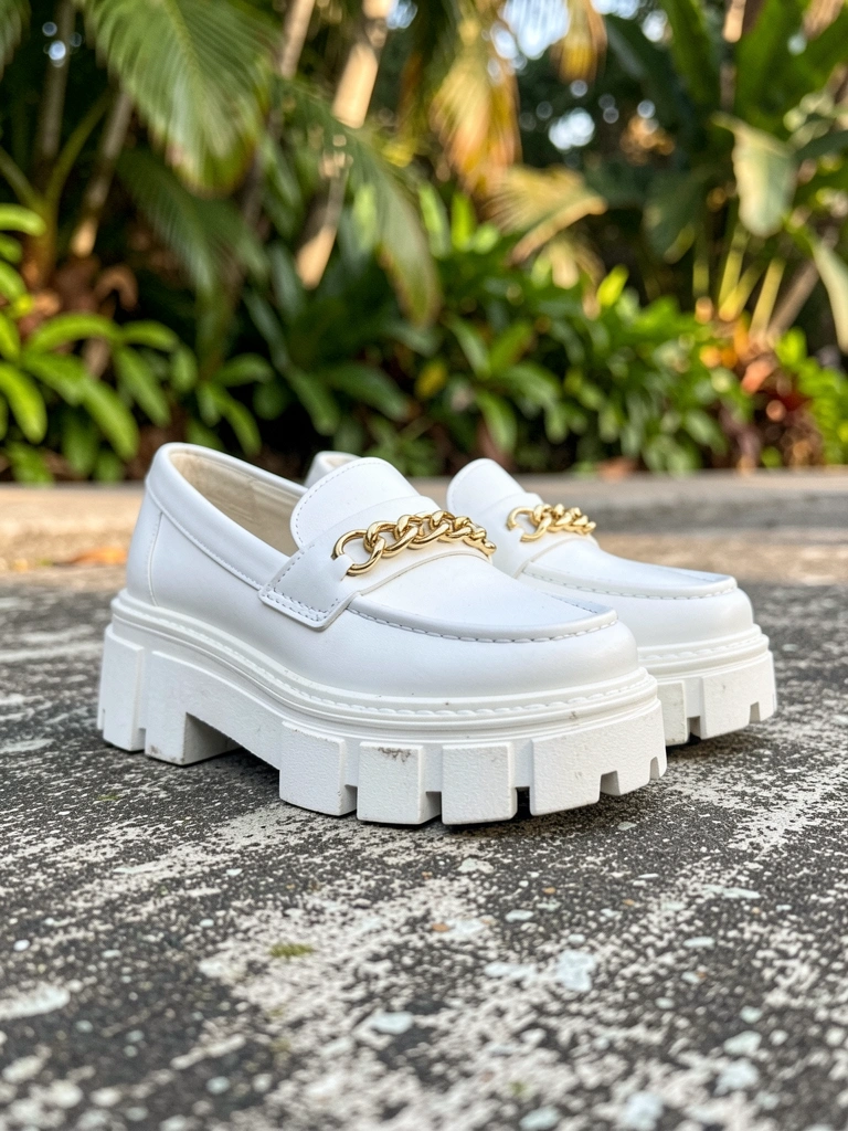 Sapatos brancos plataforma com corrente dourada sobre calçada de concreto cinza, fundo verde desfocado e luz natural.