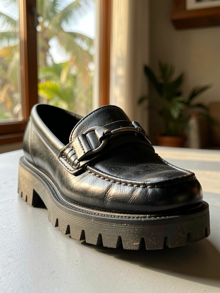 Mocassim preto de couro com sola tratorada e fivela metálica, sobre superfície cinza clara, luz natural suave e fundo desfocado.