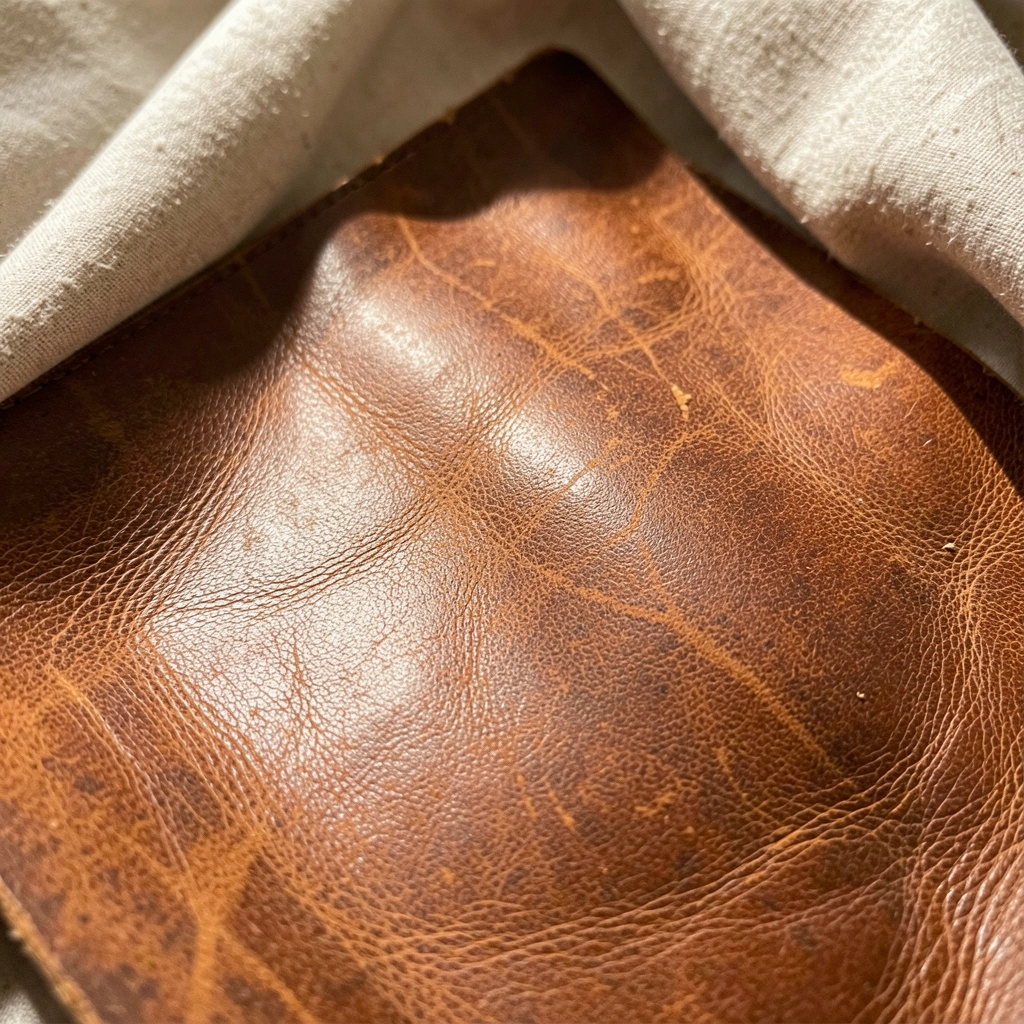 Couro marrom texturizado com detalhes naturais, luz quente criando sombras, fundo neutro de tecido suave.