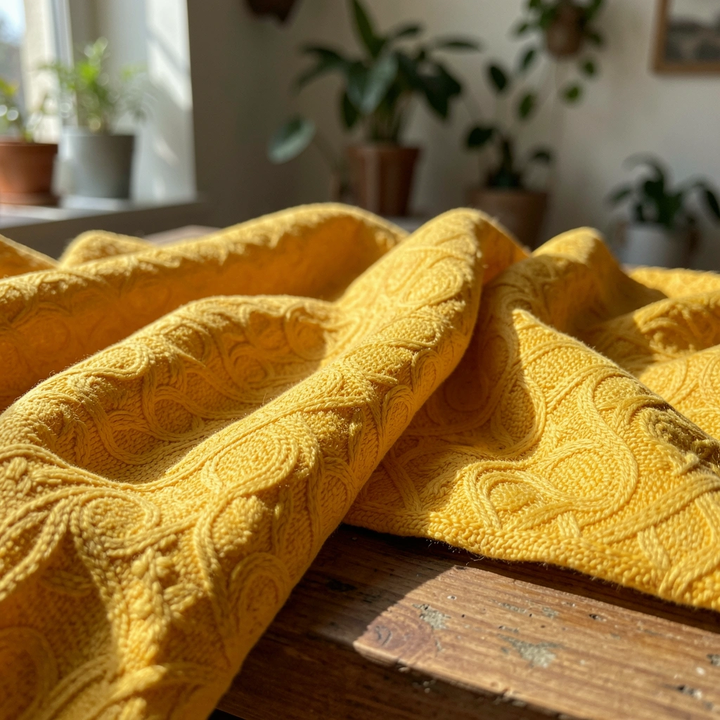 Tecido amarelo texturizado com padrão de trançado sobre superfície de madeira rústica, luz natural criando sombras suaves e destaques, fundo desfocado com plantas.