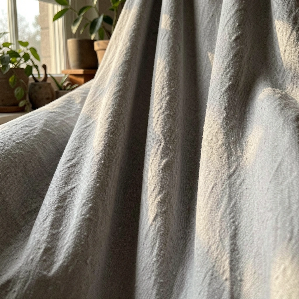 Tecido cinza claro dobrado sobre superfície, com luz natural de janela criando sombras suaves, plantas e decoração rústica desfocados ao fundo.