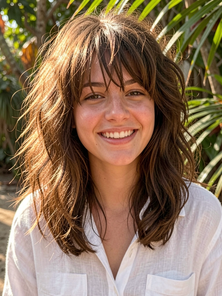 Mulher com cabelo castanho em camadas e franja irregular, camisa de linho branca levemente amassada, sorriso genuíno sob luz natural difusa com filtro de folhas ao fundo.