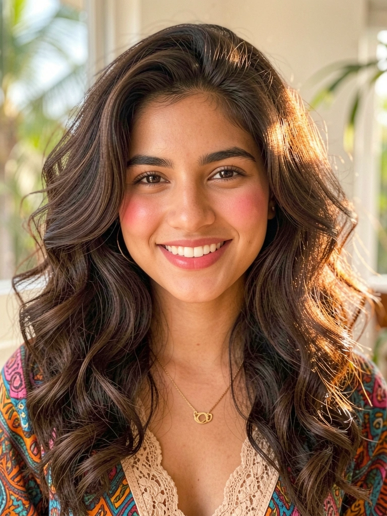 Mulher de cabelos castanhos ondulados volumosos, colar dourado e blusa estampada com renda, sorriso natural, fundo desfocado e luz natural quente.