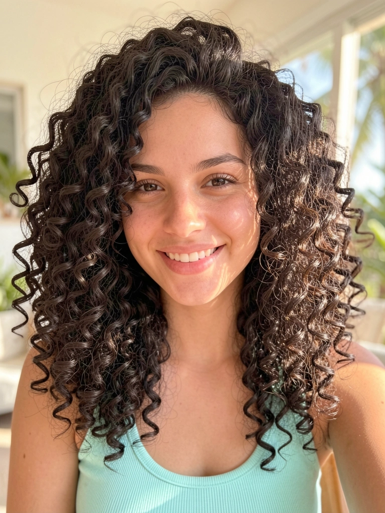 Jovem de cabelos crespos volumosos e sorriso genuíno, usando top turquesa claro, com fundo desfocado e luz natural.