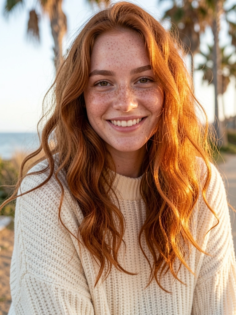 Jovem de cabelo ruivo cacheado e sardas, suéter creme oversized, sorriso genuíno, luz natural suave, fundo com palmeiras e luz dourada.