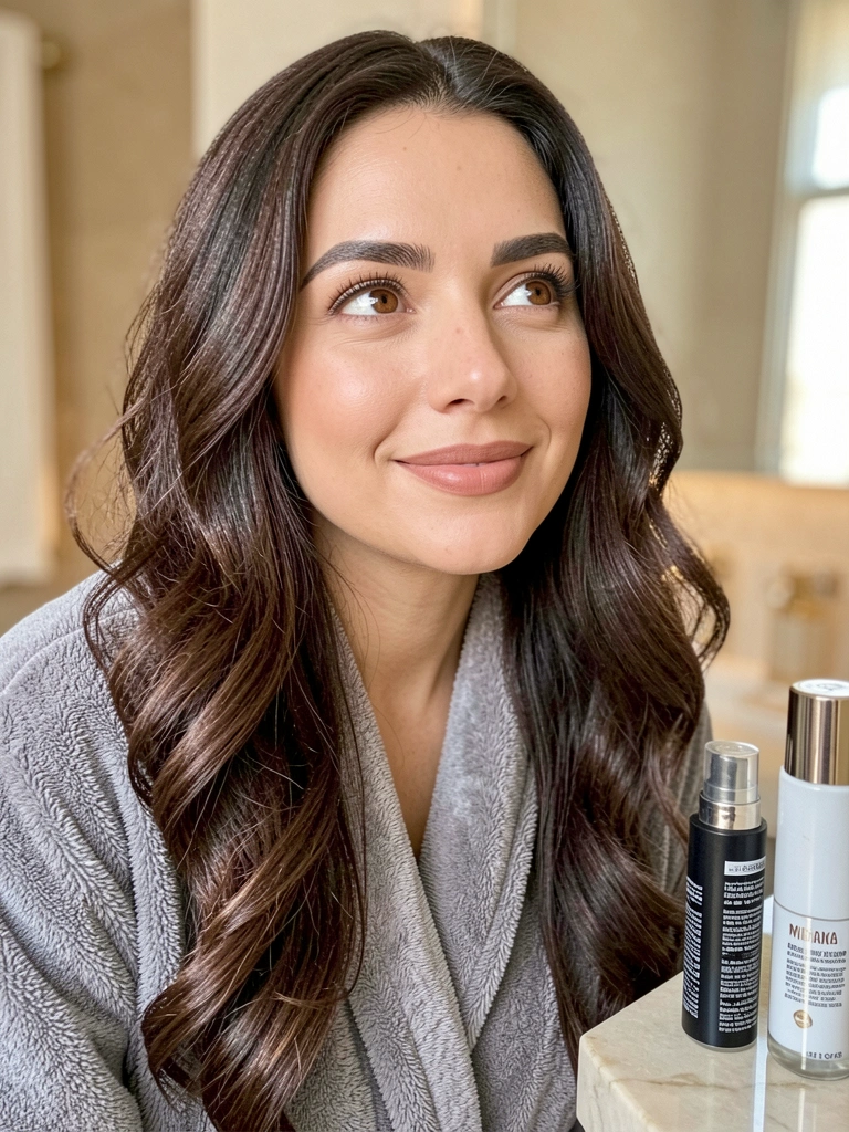 Mulher de cabelo castanho ondulado e roupão cinza felpudo, sorrindo com maquiagem suave, luz natural difusa e frasco de mousse refletindo no fundo desfocado.