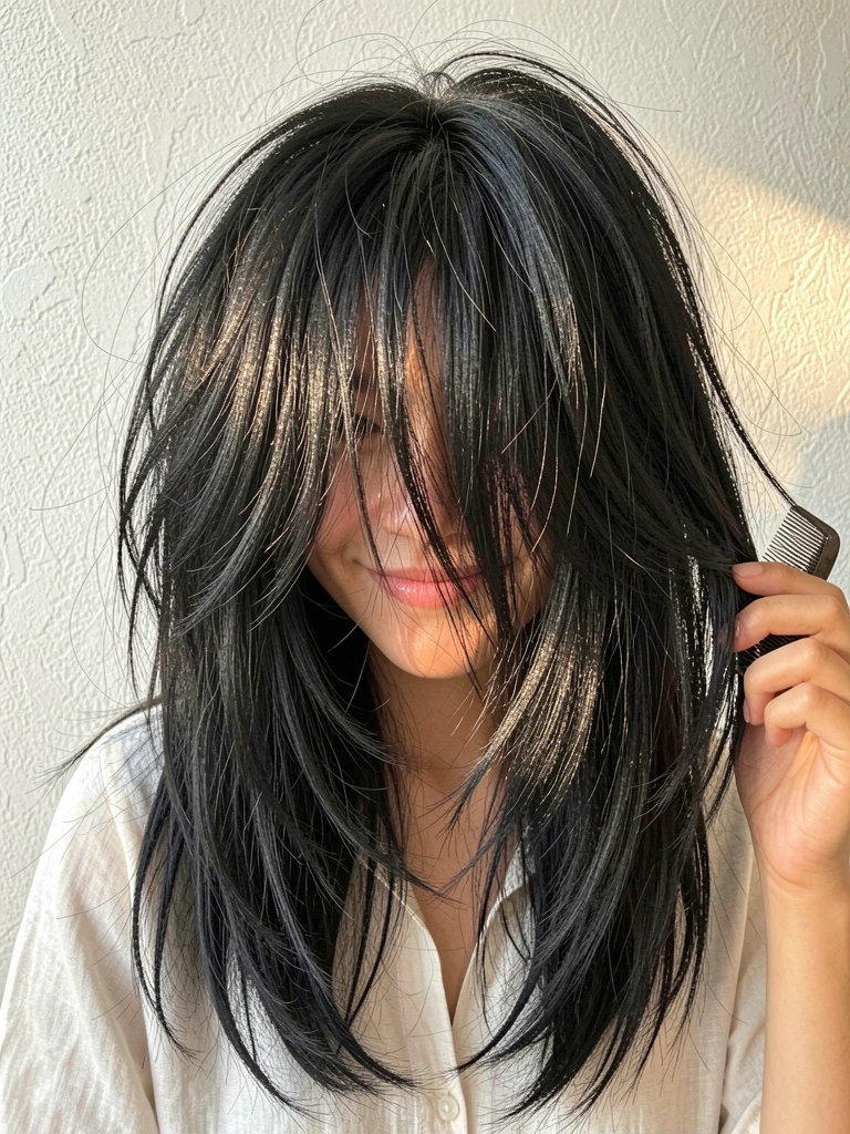 Jovem com cabelo preto texturizado e sorriso sutil, segurando pente, iluminada por luz natural difusa contra parede branca.