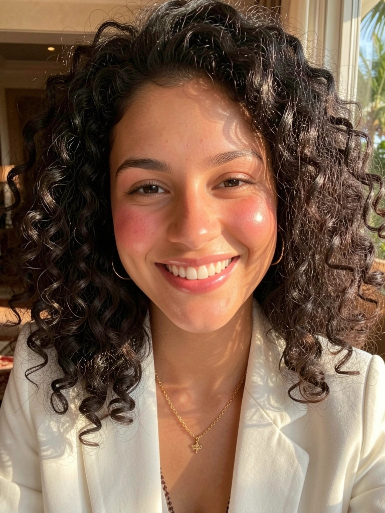 Jovem de cabelos cacheados escuros, sorriso genuíno, blazer branco e colar de ouro fino, luz suave e fundo desfocado com janela.