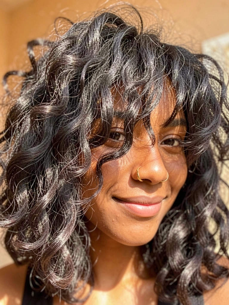 Mulher de cabelos crespos e volumosos com corte shaggy, anel de ouro no nariz, fundo desfocado com luz natural suave.