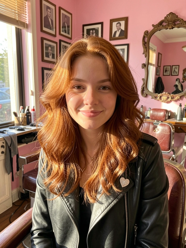 Mulher de cabelo ruivo cacheado e jaqueta de couro preta com broche de coração prateado, sentada em barbearia vintage com fotos emolduradas e cadeira de barbeiro, luz do sol entrando pela janela.