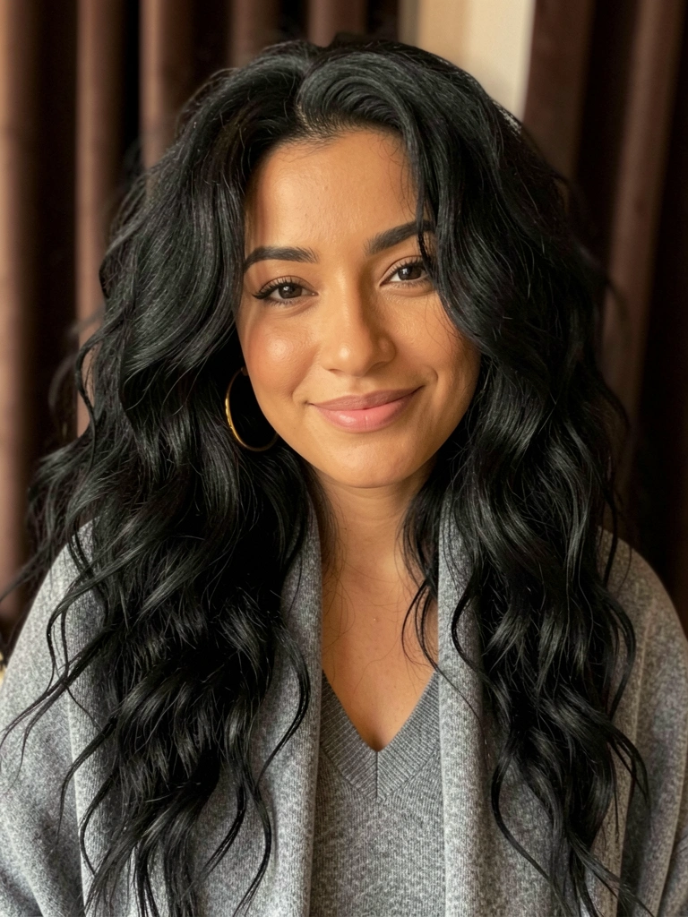 Mulher com cabelo preto ondulado, xale cinza e brincos de argola dourados, sorrindo em luz suave e fundo desfocado com cortinas escuras.