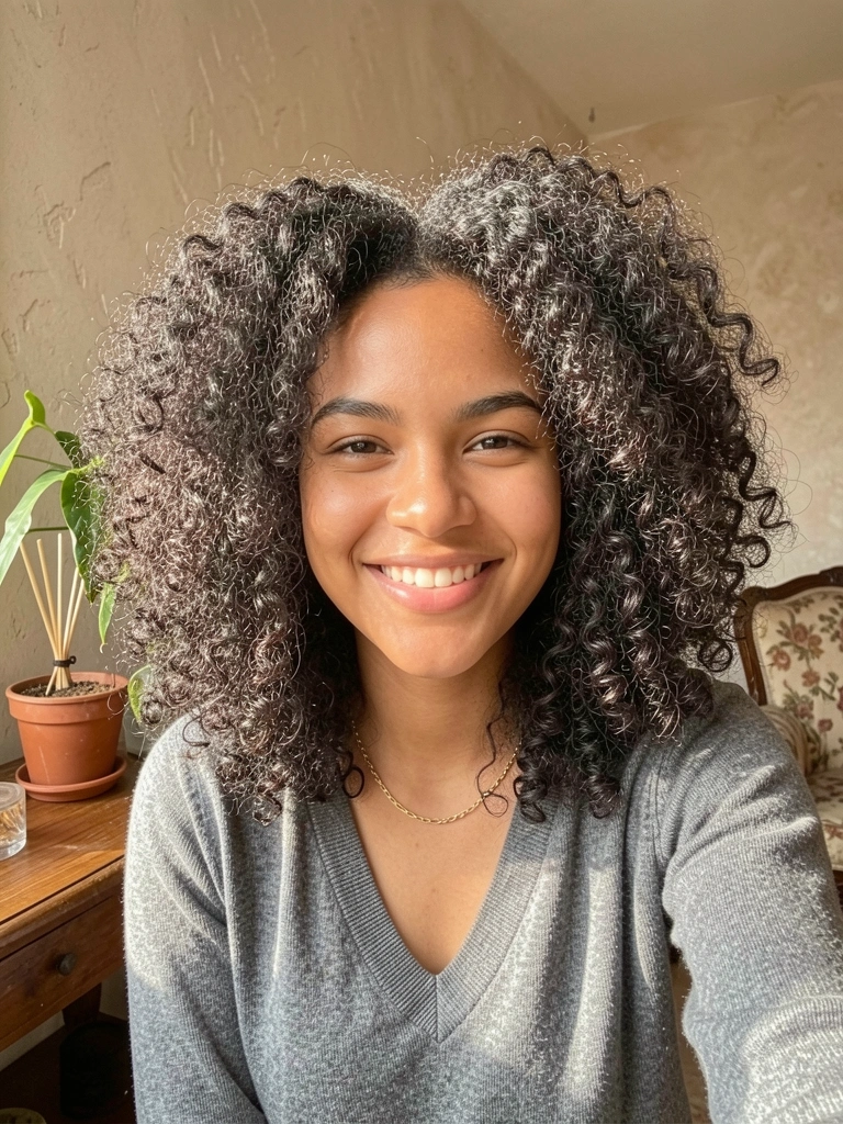 Mulher de cabelos cacheados escuros e sorriso genuíno, suéter cinza e colar de ouro, luz natural suave, vaso de planta e difusor ao fundo.