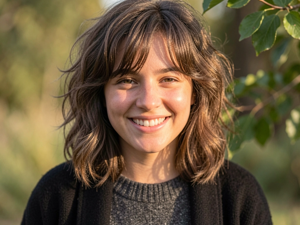 Jovem com cabelo castanho ondulado e cachecol listrado, sorrindo espontaneamente sob luz natural suave com folhas verdes desfocadas ao fundo.