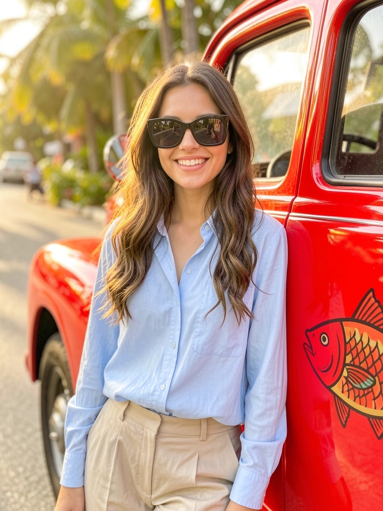 Mulher de cabelos ondulados encostada em caminhão vermelho vintage, camisa azul-clara e calça bege, luz do sol refletindo na superfície metálica.