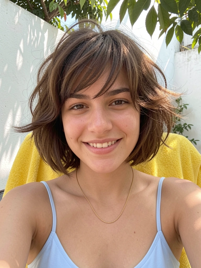 Mulher de cabelo curto e ondulado olhando para a câmera com sorriso genuíno, luz natural filtrada por folhas, toalha amarela ao fundo.