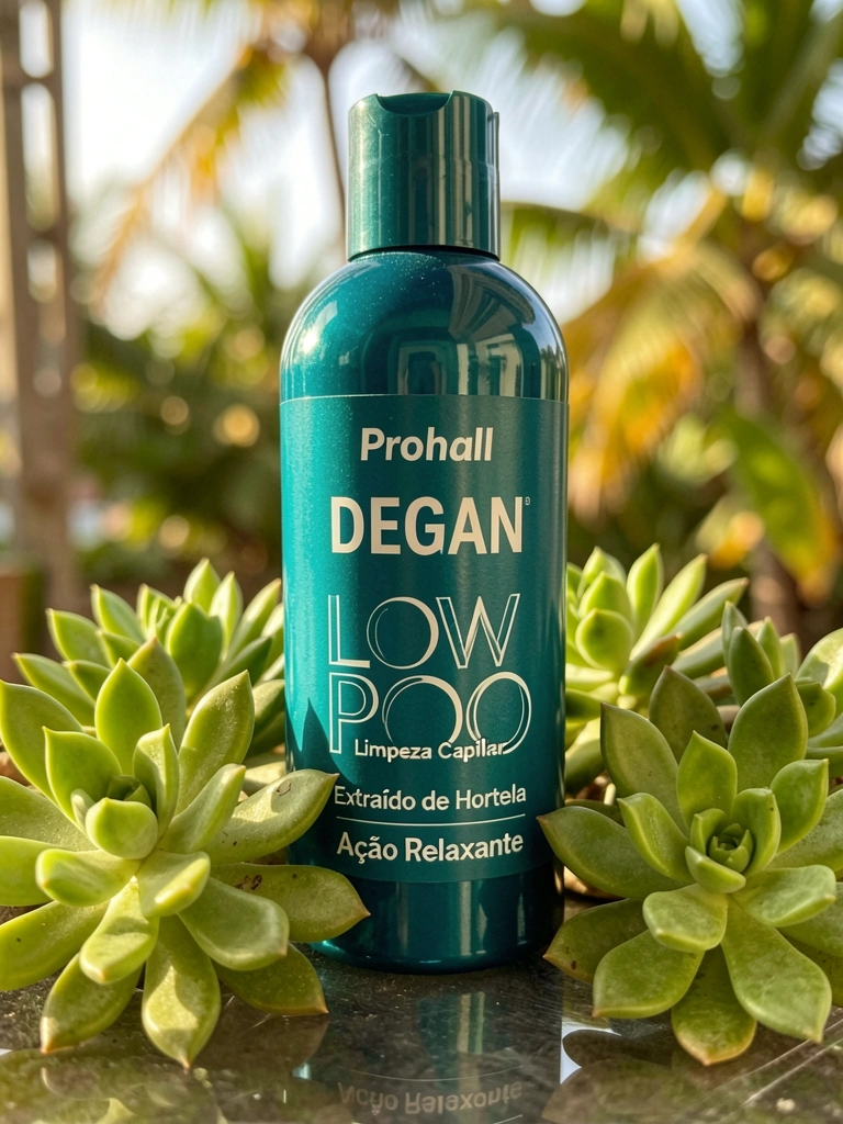 Frasco de xampu vegano verde-azulado em superfície reflexiva, com suculentas verdes e luz natural, fundo desfocado.