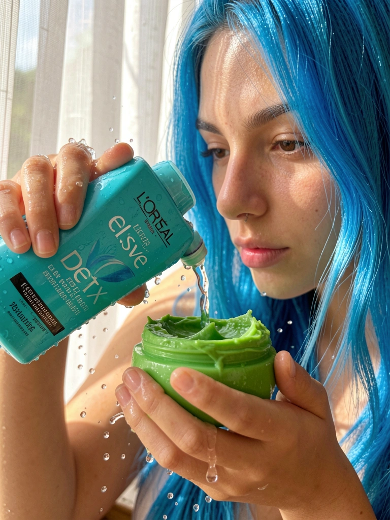 Cabelo azul, frasco teal de shampoo L