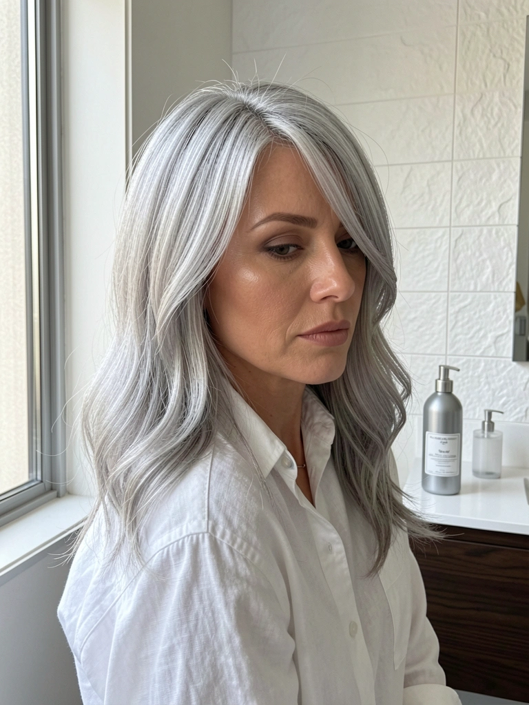Perfil de mulher madura com cabelo platinado e camisa de linho branca, luz suave de janela e fundo de azulejo texturizado.