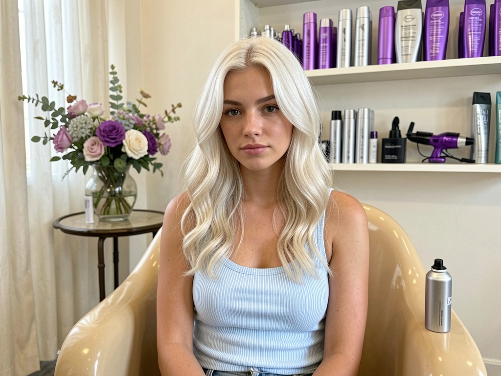 Mulher de cabelo platinado ondulado em poltrona vintage de plástico, salão iluminado com prateleiras de produtos capilares e arranjo floral.