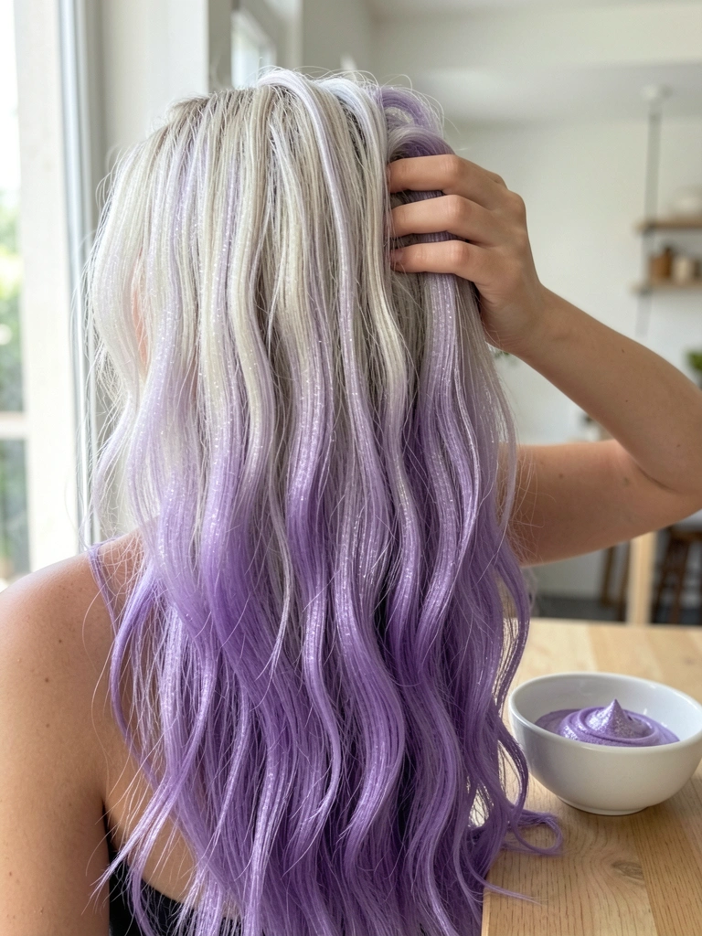 Cabelo platinado com pontas lavanda, mão feminina passando os dedos, luz natural de janela, fundo desfocado com tigela de cerâmica sobre bancada de madeira clara.