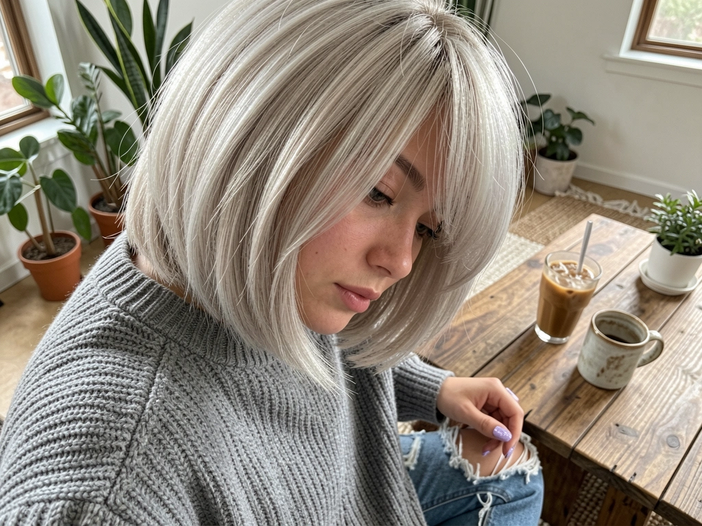 Jovem de cabelo platinado em bob em loft ensolarado, suéter cinza tricotado, copo de café gelado sobre mesa rústica, fundo desfocado com plantas