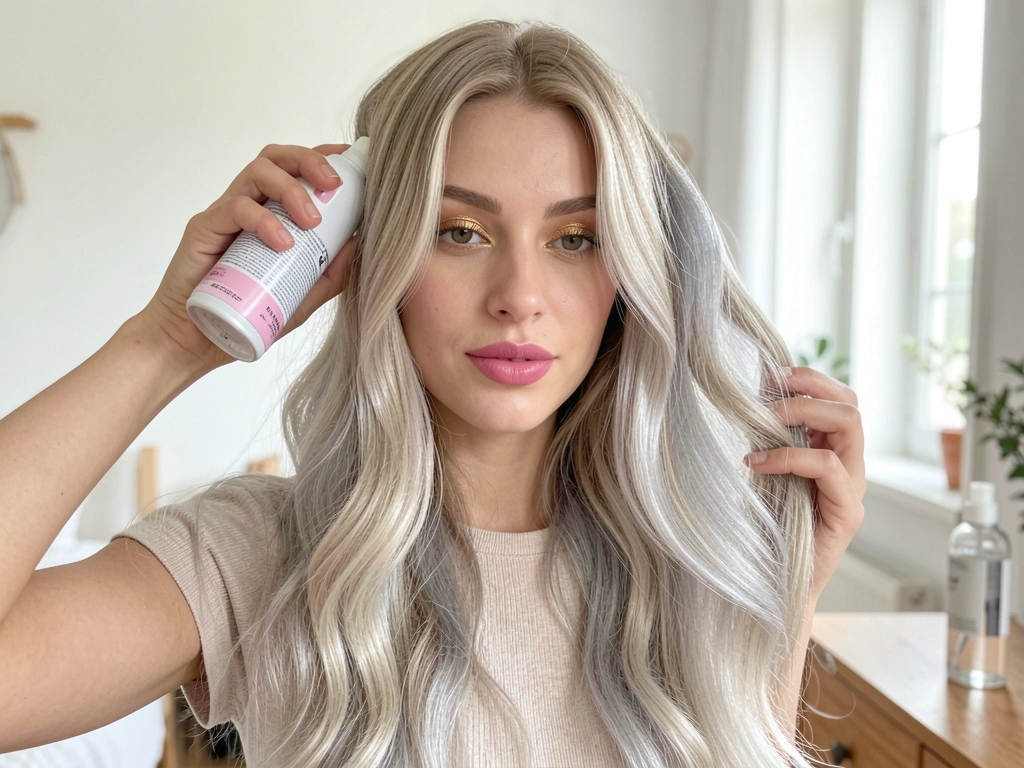 Cabelo loiro ondulado recebendo spray fixador em quarto claro com luz natural difusa, fundo desfocado com móveis de madeira e parede branca.