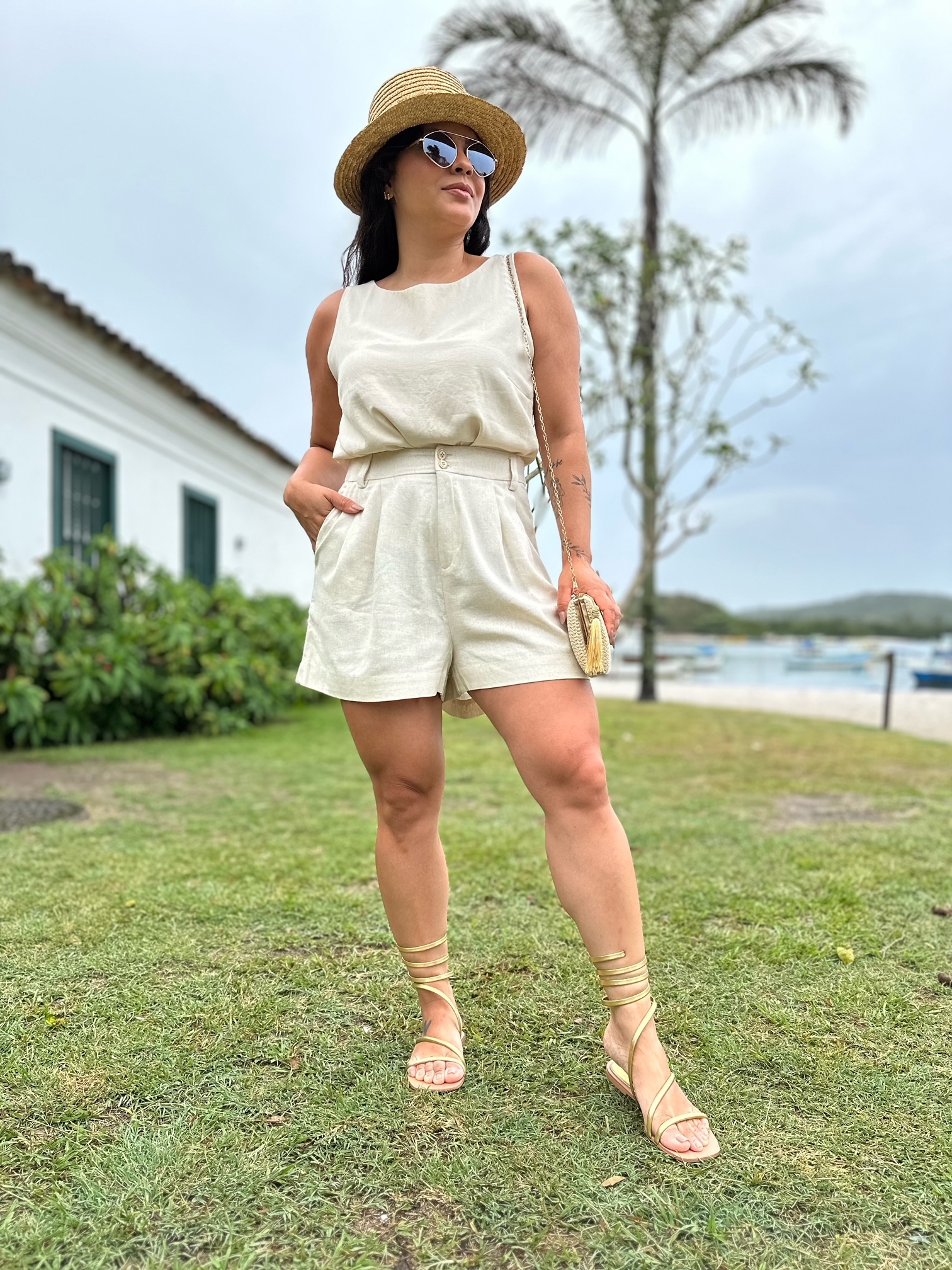 bermuda de linho feminina canelada