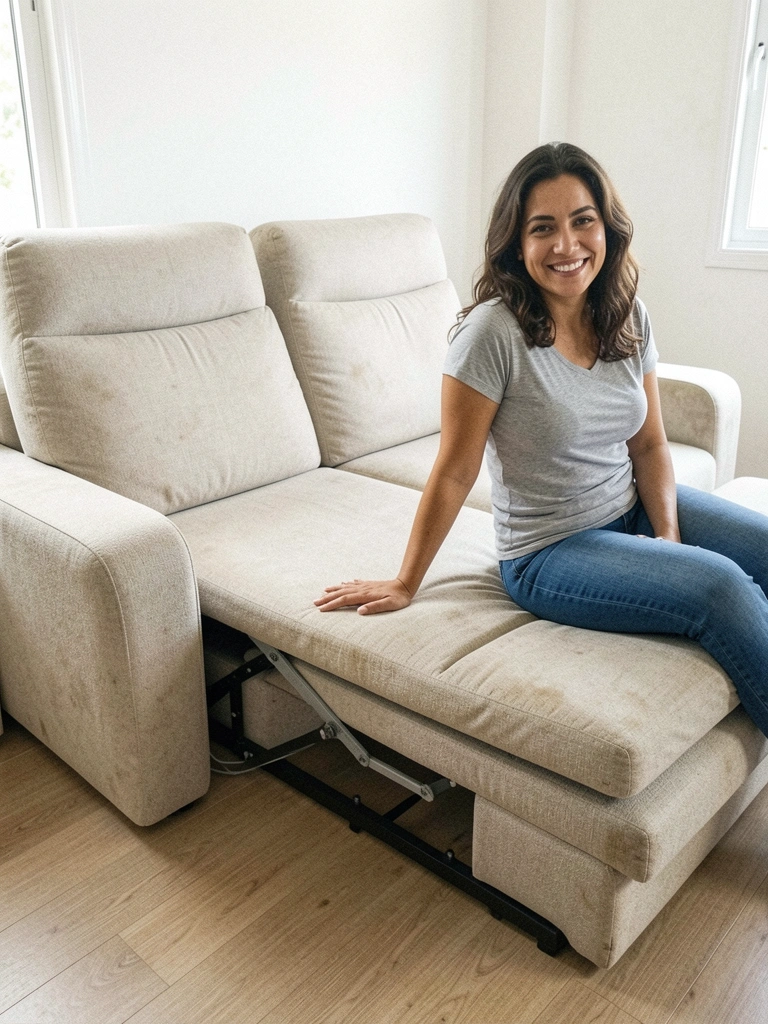 Sofá-cama de 3 lugares aberto e fechado em ambiente claro.