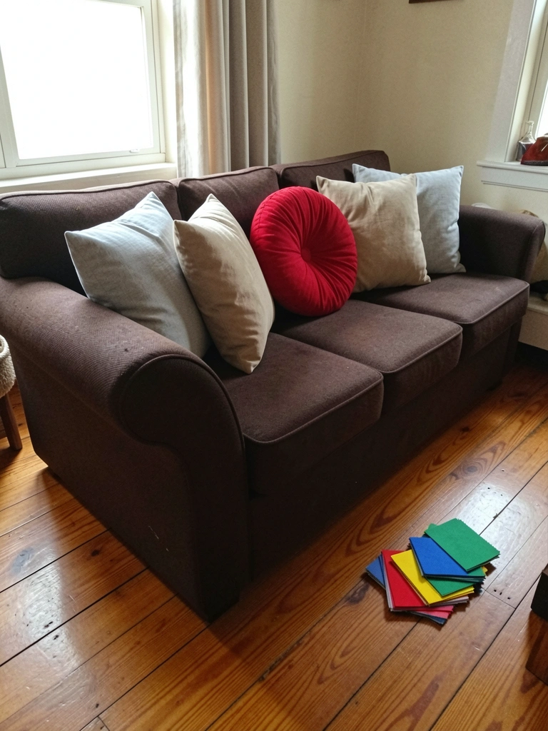Amostras de tecidos coloridos dispostas ao lado de um sofá-cama estofado em tom neutro.