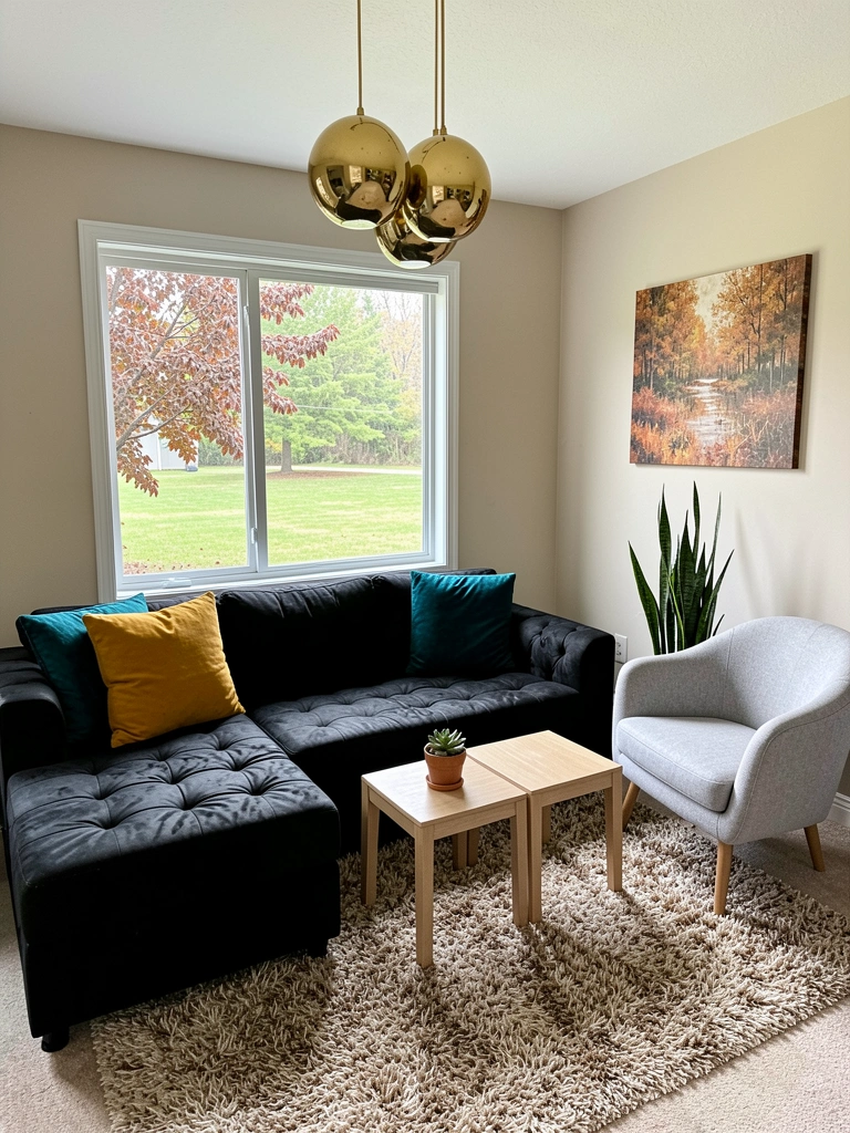 Sala com sofá-cama cinza, almofadas coloridas e vasos de plantas próximos à janela.