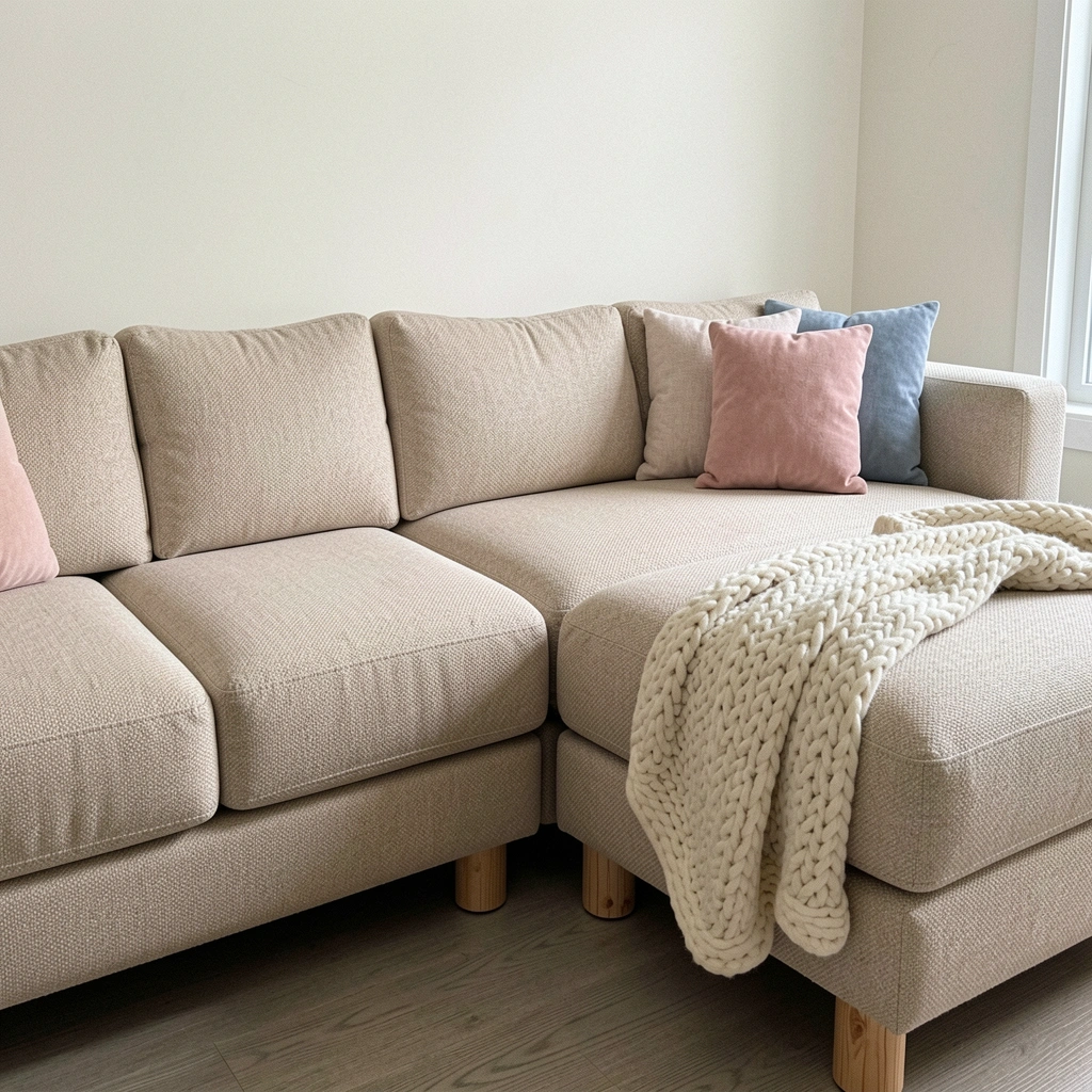 Sofá-cama de três lugares com almofadas decorativas e manta sobre o encosto.