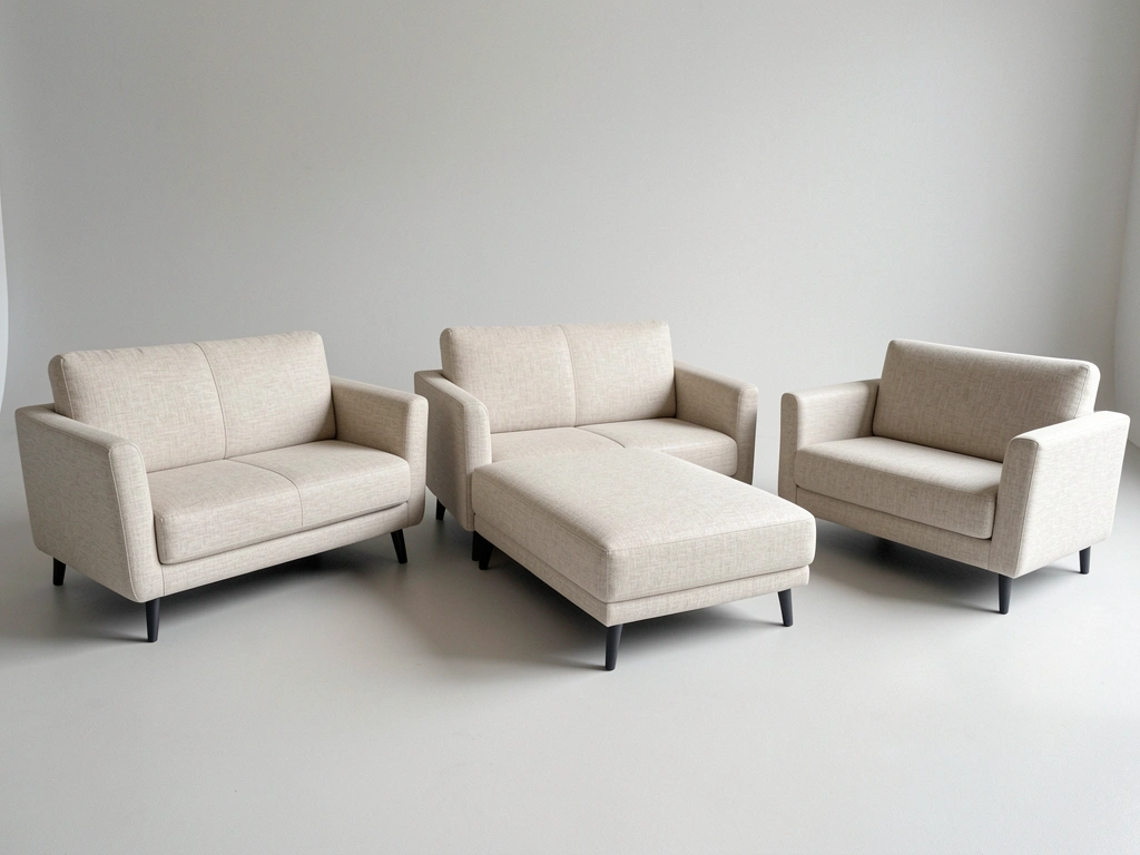 Três modelos de sofá-cama dispostos lado a lado, com cores e tecidos variados.
