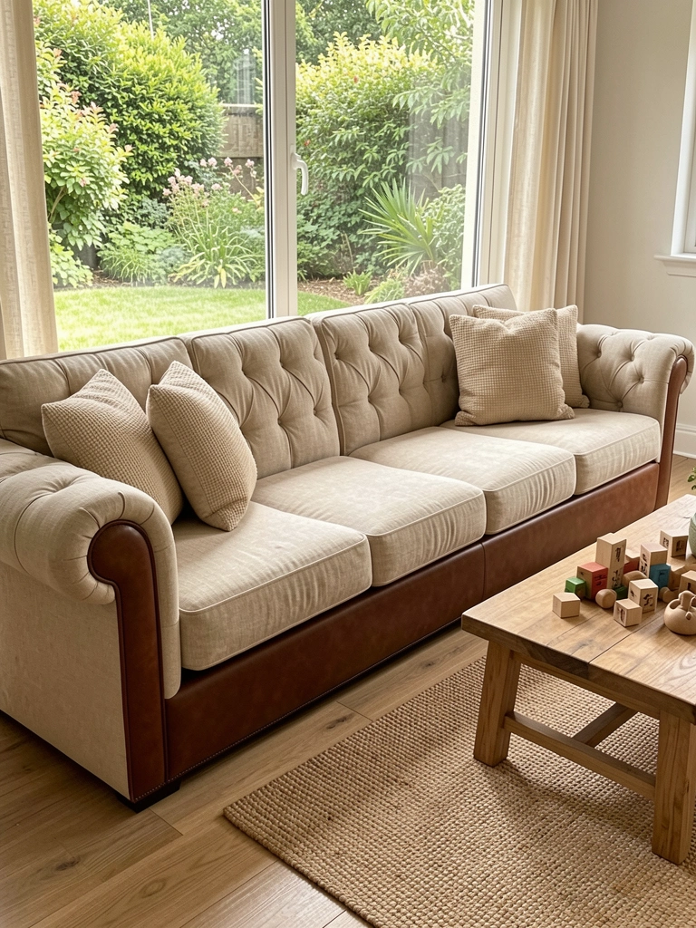 Luxuoso sofá-cama bege com capitonê profundo e detalhes em couro marrom, mesa de madeira com brinquedos e luz natural de janela com vista para jardim.