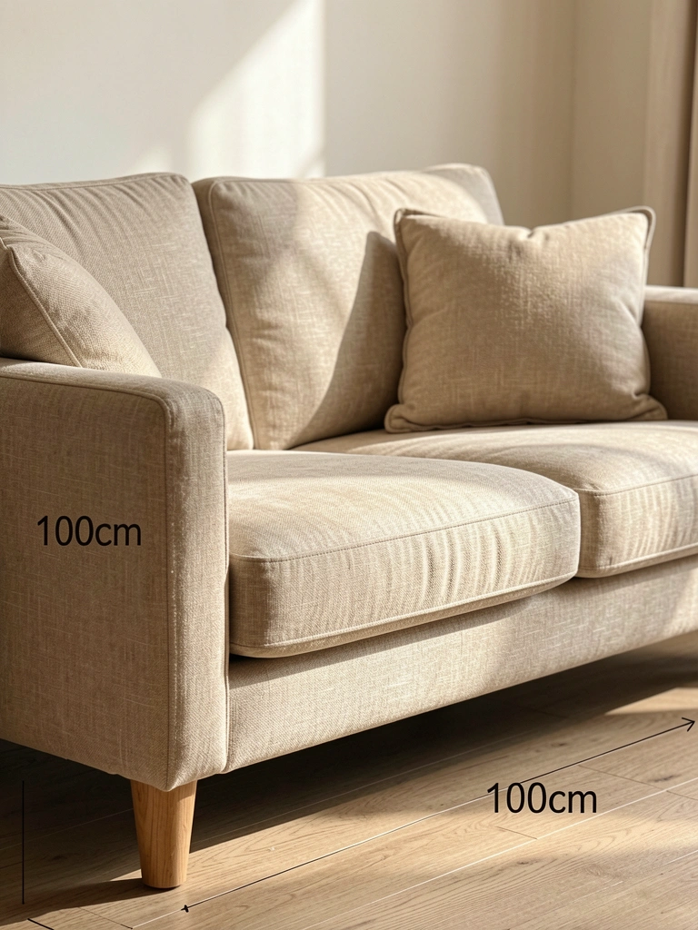Sofá de linho bege com pés de madeira e almofada decorativa, luz natural suave e textura tecida visível.