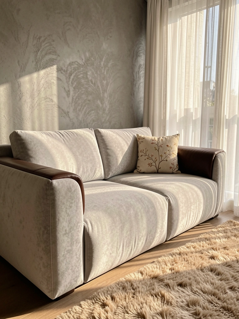 Sofá modular cinza claro com almofadas fofas e braço de couro marrom, almofada floral, parede texturizada e cortinas brancas, luz natural.