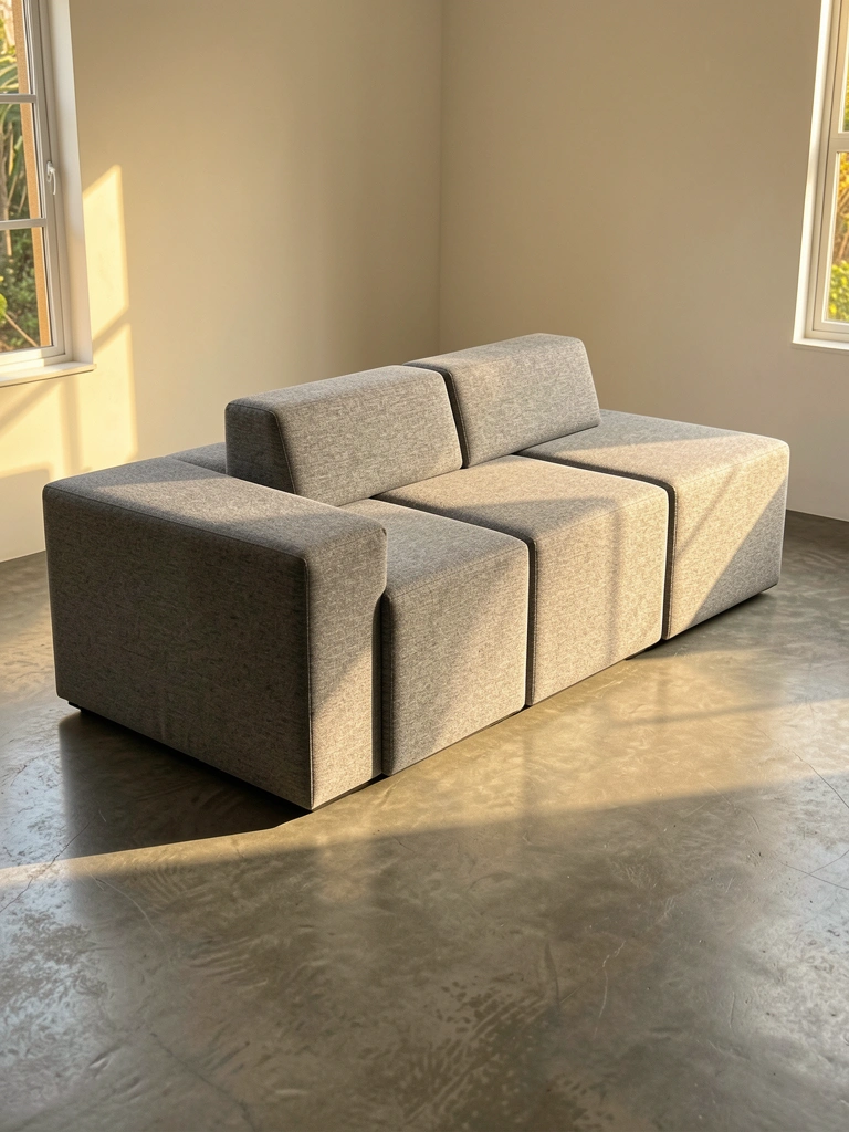 Luz natural incide sobre sofá modular cinza com três cubos de tecido texturizado, piso de concreto polido reflete a claridade.