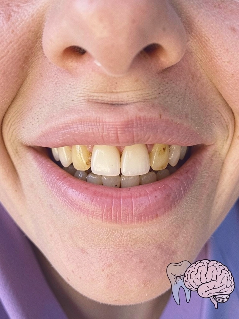 Desenho de um dente com raízes ao lado de um cérebro humano.