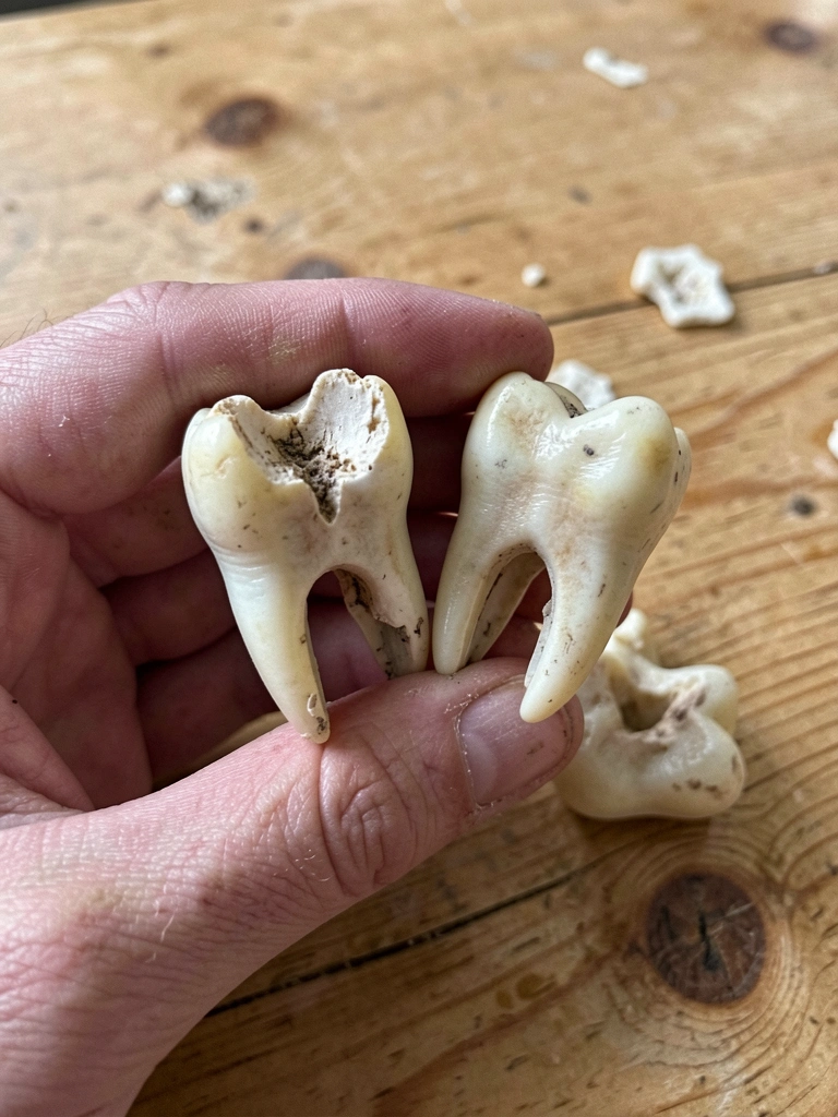 Mão segurando dois dentes: um quebrado pela metade e outro inteiro caído.