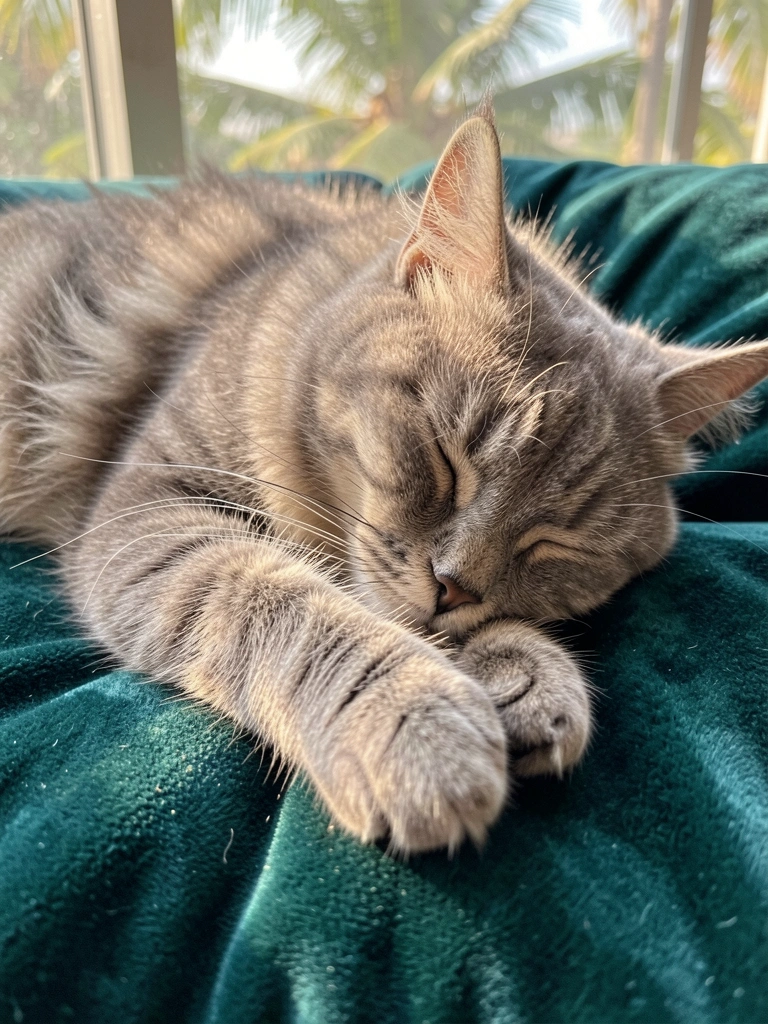 Gato cinza listrado dormindo em almofada de veludo verde-escuro, com patas dobradas e bigodes curvos, luz natural suave e fundo desfocado.