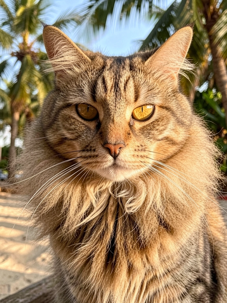 Gato tigrado de olhos dourados e pelagem densa em tons de marrom e creme, iluminado por luz natural que realça a textura dos pelos.